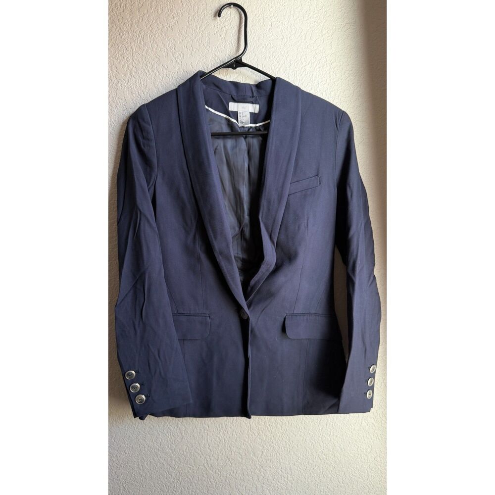 H&M Navy Blue Shoulder Pad Women's Blazer Silver Buttons Size 2